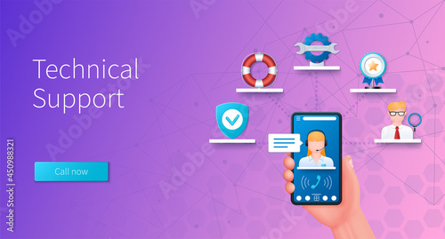Technical support banner. Support, guarantee, service, quality icons. Web vector landing page template in 3D style
