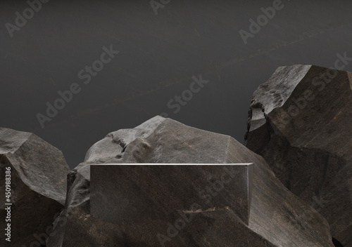 Black stone podium for display product. 3d illustration