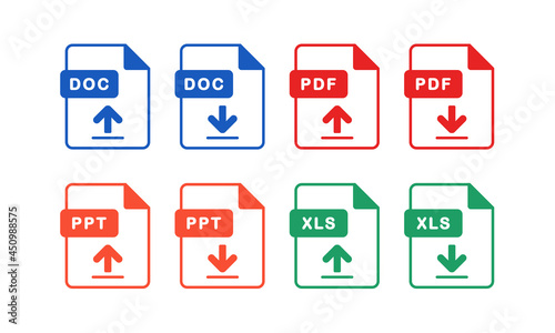 Set of document file type. Format and extension of documents. PDF, DOC, PPT and XLS. Upload and download file. Illustration vector © YoGinta