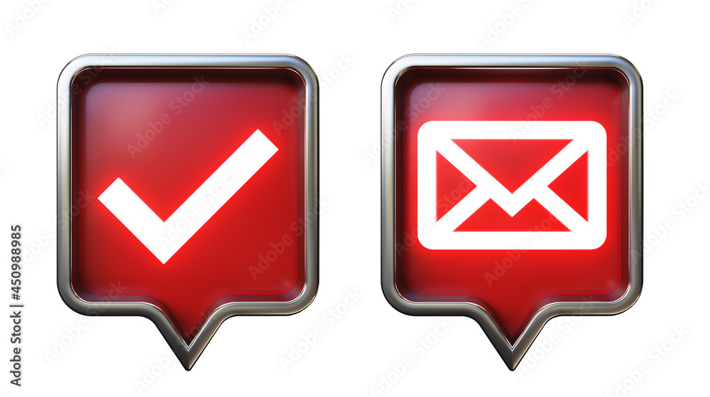 Set of shiny approval check mark and mail message icon in red square pin. Isolated, clipping path included. 3d
