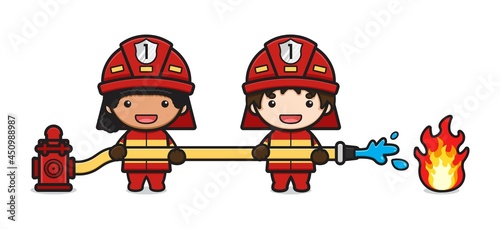 Firefighter extinguish the fire cartoon icon vector illustration