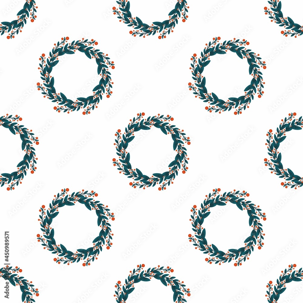 Pattern with a wreath of branch, blue leaves and red berry, isolated on a white background. Pattern with a wreath of branch, blue leaves and red berry, isolated on a white background.