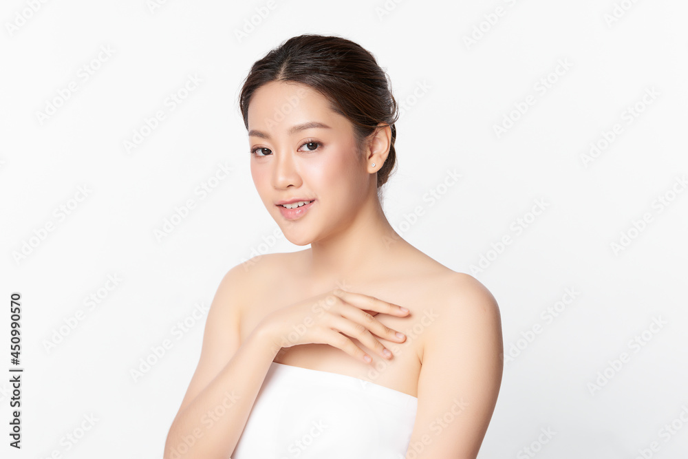 Naklejka premium Beautiful young asian woman with clean fresh skin on white background, Face care, Facial treatment, Cosmetology, beauty and spa, Asian women portrait.