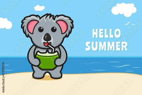 Photography Cute koala drink coconut with a summer greeting banner cartoon vector icon illus