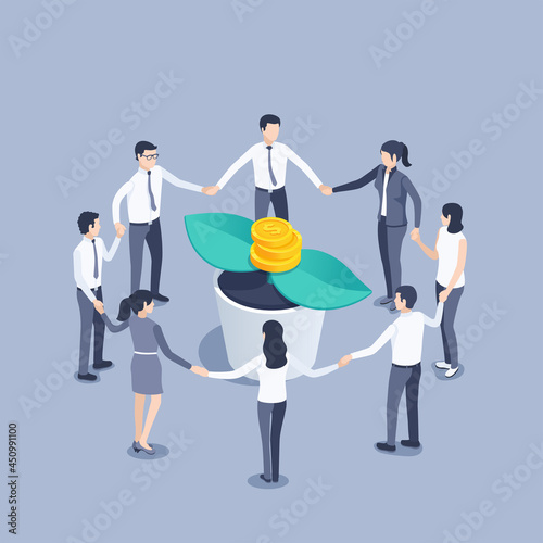 isometric vector illustration on gray background, people in business clothes are standing around a growing flower with gold coins, income growth