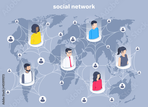 isometric vector illustration on gray background, network with users and people icons over the world map, social networks and data exchange