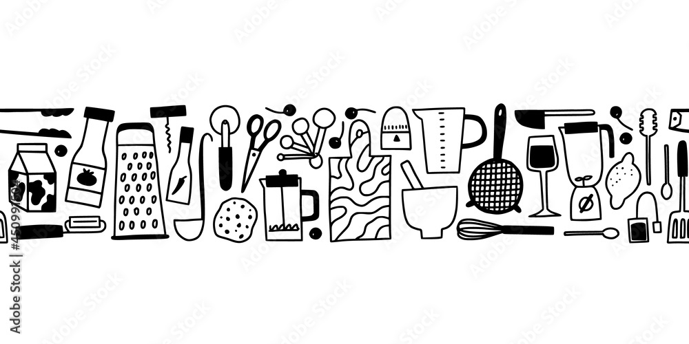 Kitchen seamless border. Cute doodle cooking utensils in trendy decoration for cafe, restaurant, menu. Hand drawn chef equipment and ingredients in retro kitchen vector illustration.