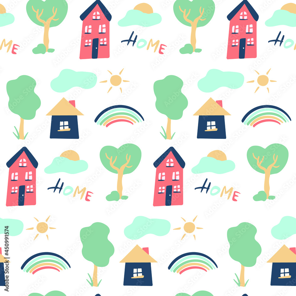 Hand drawn seamless pattern of houses and trees. Can be used as print on package or textile. Vector colourful illustration.