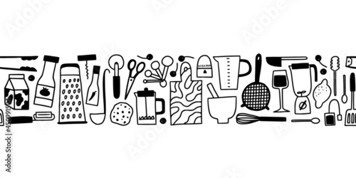 Kitchen seamless border. Cute doodle cooking utensils in trendy decoration for cafe, restaurant, menu. Hand drawn chef equipment and ingredients in retro kitchen vector illustration.