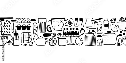 Kitchen seamless border. Cute doodle cooking utensils in trendy decoration for cafe, restaurant, menu. Hand drawn chef equipment and ingredients in retro kitchen vector illustration.