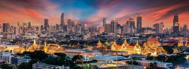Aerial view Chao Phraya River Bangkok city urban downtown skyline of Thailand, Wat Arun Temple, Grand palace and Wat phra keaw, Business district with high building, Thailand