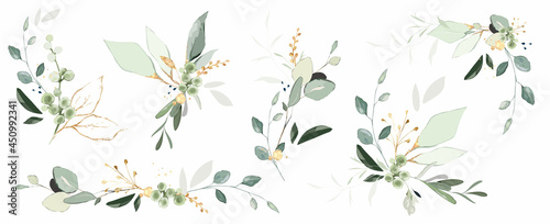Set of herbal branch. green and gold leaves. Wedding concept. arrangements for greeting card or invitation design