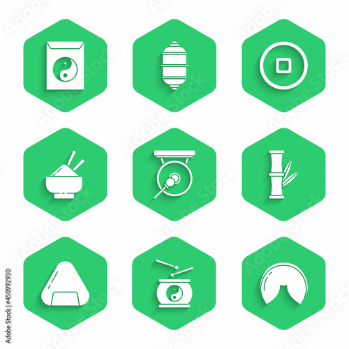 Set Gong, Chinese drum, fortune cookie, Bamboo, Sushi, Rice bowl with chopstick, Yuan currency and Yin Yang and envelope icon. Vector