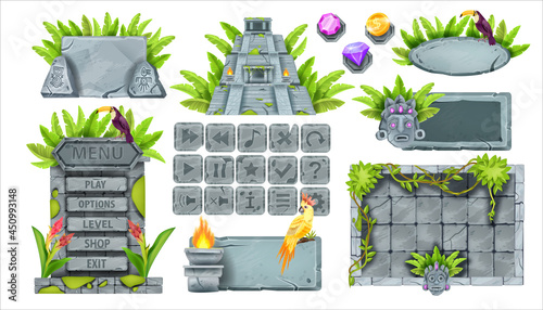 Stone game UI vector set, rock interface button kit, vector ancient maya ruin, sign board, Aztec pyramid. Jungle design element frame, menu banner, tropical leaf parrot. Stone game web assets template