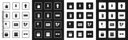 Set Ice cream in waffle cone, Suitcase, Cocktail and alcohol drink, Sand bucket with shovel, Travel ticket, Rubber flippers and Kite icon. Vector