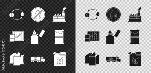 Set Oil exchange, No oil drop, industrial factory building, Tanker truck, Canister for motor machine, price increase and Lighter icon. Vector