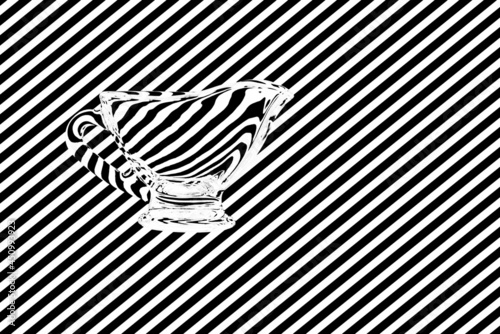Empty glass jug against black and white stripes creating illusion of refraction of light