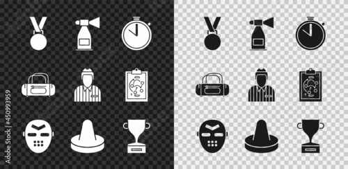 Set Medal, Air horn, Stopwatch, Hockey mask, Mallet for playing air hockey, Award cup, Sport bag and judge, referee, arbiter icon. Vector