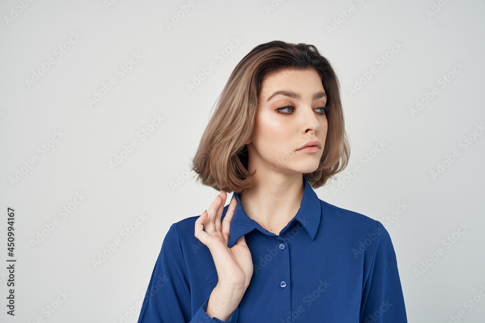 Business woman in blue shirt executive finance job Business woman in blue shirt executive finance job