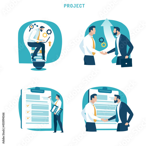 Idea. Project. Contract. Creating a new project. Business people shaking hand in front of a contract. Set of business vector illustration.