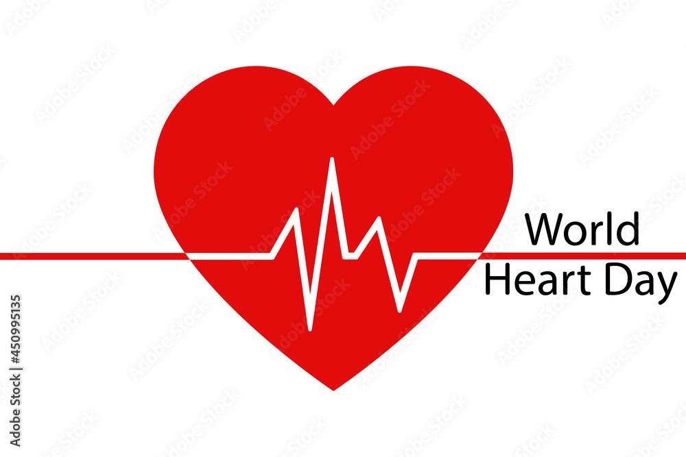 A creative illustration of the concept of the World Heart Day, a banner or a poster. A red heart with a heartbeat line on a white background. Black inscription World Heart Day A creative illustration of the concept of the World Heart Day, a banner or a poster. A red heart with a heartbeat line on a white background. Black inscription World Heart Day