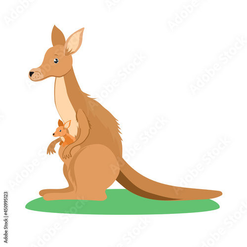 Kangaroo with a cub in his pocket. Children's illustration isolated on white background.