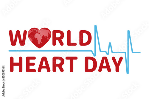 Creative illustration of the concept of the World Heart Day. A poster or banner of the World Heart Day. Red text with a blue heartbeat line on a white background