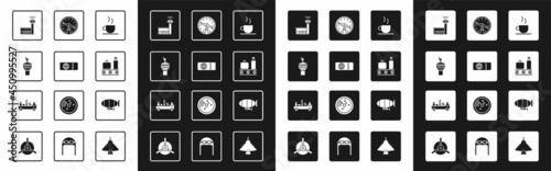Set Coffee cup, Airline ticket, Radar, Airport control tower, conveyor belt with suitcase, Compass, Airship and luggage towing truck icon. Vector