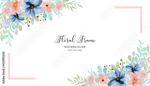 Blue pink floral frame with watercolor
