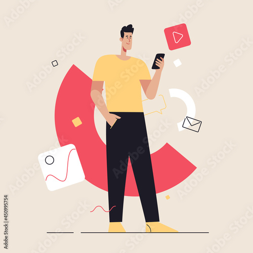 Business concept flat style outline vector illustration on the subject of social media content, communication. Editable stroke