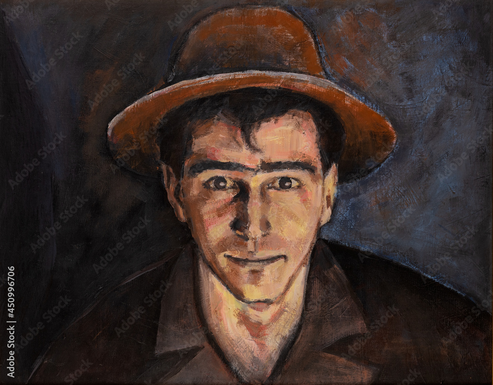 Frontal portrait or self portrait oil painting of a young man with a hat. Frontal portrait or self portrait oil painting of a young man with a hat.
