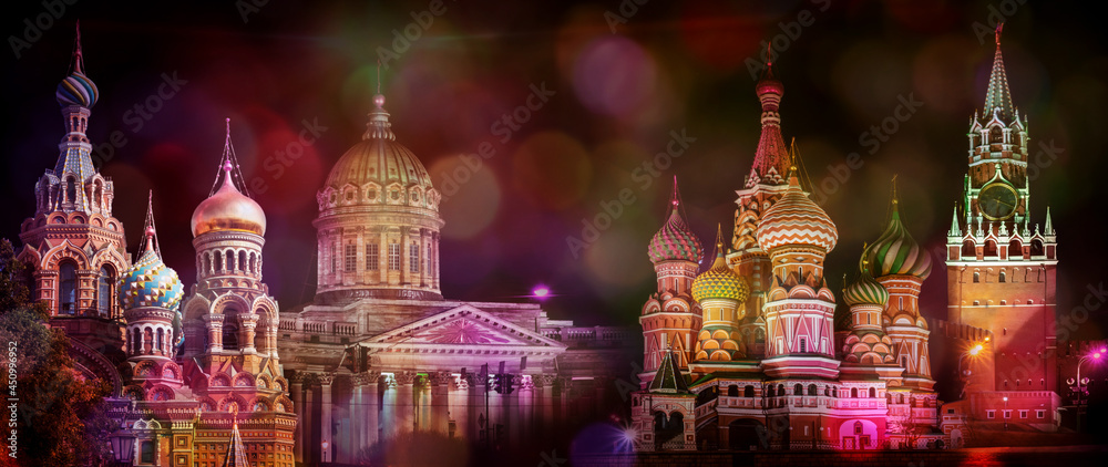 Obraz premium Collage panorama of the Red Square Moscow, and Saint Petersburg church of the savior on blood and Kazan cathedral at night, with bokeh colorful spots. Russia.
