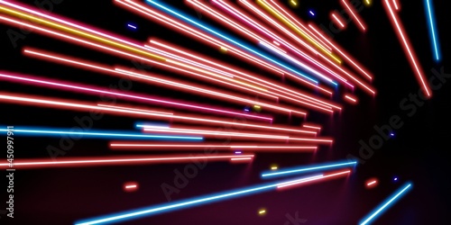 Multicolored laser light NEON light on a black background 3D illustration