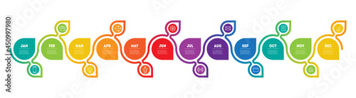 Bright Calendar for 12 months. Timeline or infographics with twelve parts. Development of the business. Eco Business concept with options, steps or processes.