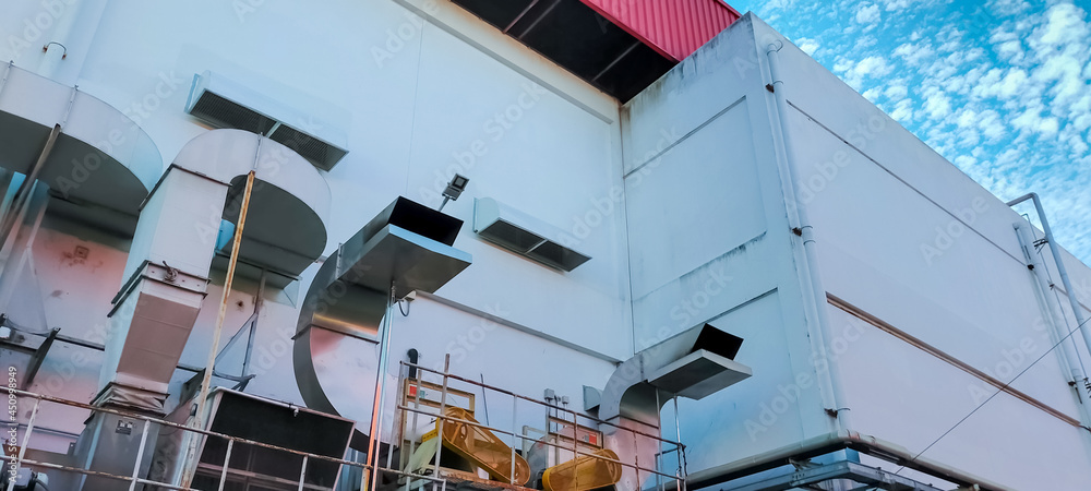 Air flow system of factory. Industrial ventilation. Air flow system of  manufacturing building. Stainless steel pipe of ventilation system. Plant  factory airflow of cooling system. Air Handling Unit. Photos | Adobe Stock