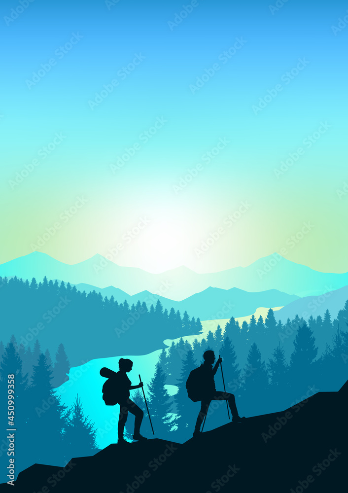 Couple climbers. Climbing to top at dawn. Travel concept of discovering, exploring and observing nature. Hiking tourism. Adventure. Minimalist graphic flyer. Polygonal flat design illustration