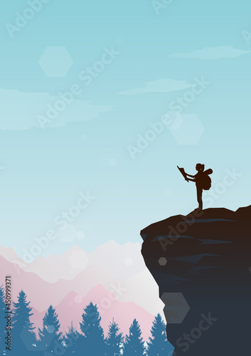 Girl at top of mountain looks at a map. Travel concept of discovering  exploring and observing nature. Hiking tourism. Adventure. Minimalist graphic flyer. Polygonal flat design illustration