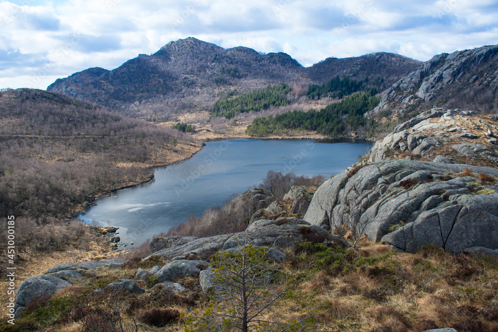 Dramatic areial view of lake town from top of Fjords in Southern Norway - European Hiking and travel Concept Dramatic areial view of lake town from top of Fjords in Southern Norway - European Hiking and travel Concept