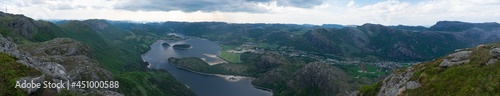 Dramatic areial view of lake town from top of Fjords in Southern Norway - European Hiking and travel Concept