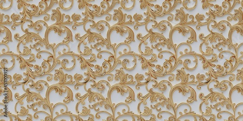 Gold floral ornament on white background. Seamless pattern.