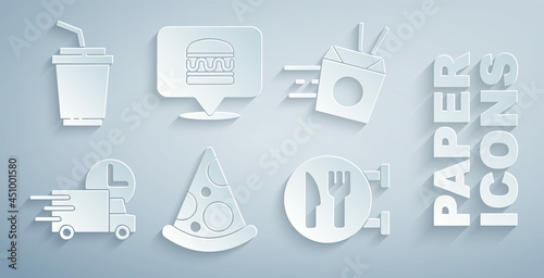 Set Slice of pizza, Online ordering noodles delivery, Fast by car, Cafe and restaurant location, burger and Paper glass with water icon. Vector