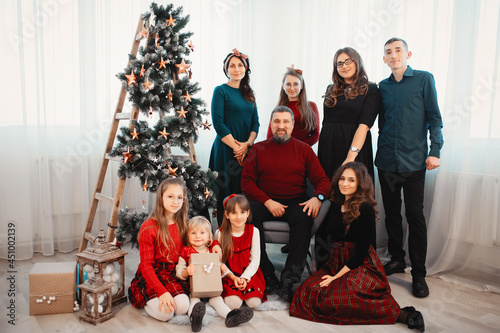 Big family sitting at home near christmas tree © prostooleh