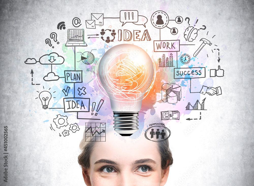 Colourful sketch with icons of light bulb and woman head Colourful sketch with icons of light bulb and woman head