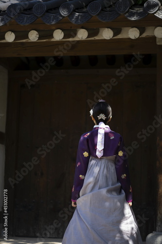 Woman in Korean traditional clothes standing at traditional Korean house © 상은 신