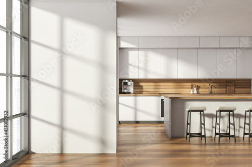 Kitchen room interior with oak wooden floor  empty white wall