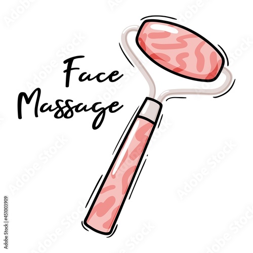 Jade massage pink rose quartz roller icon illustration, facial gua sha stone massager and lettering, Acupuncture tool for face lifting and anti-aging, realistic doodle vector clipart isolated on white