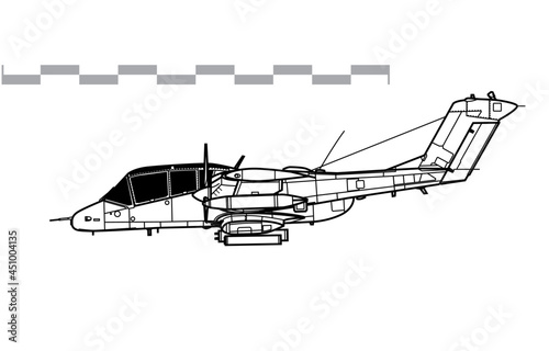 North American Rockwell OV-10 Bronco. Vector drawing of light attack and observation aircraft. Side view. Image for illustration and infographics photo