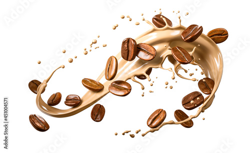 hot liquid coffee splash with Coffee Bean falling, 3d illustration.