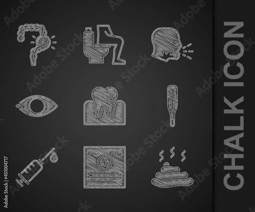 Set Tooth with caries, Clinical record, Shit, Medical thermometer, Syringe, Blindness, Man coughing and Gut constipation icon. Vector