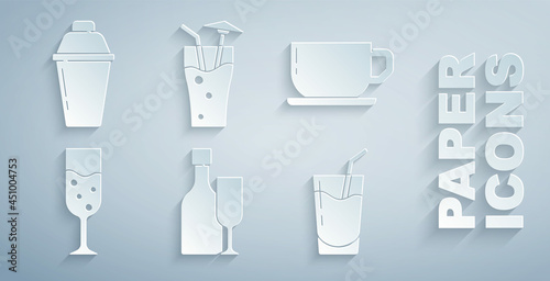 Set Wine bottle with glass, Coffee cup, Glass champagne, Cocktail, and shaker icon. Vector